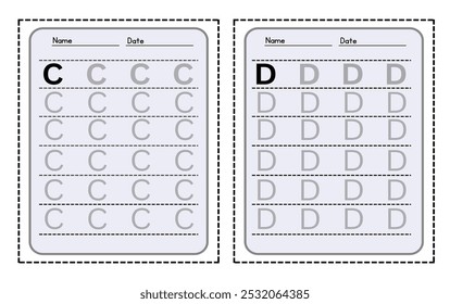 Letter C and D. trace uppercase abc alphabet worksheet for kids English vocabulary. Handwriting tracing practice vector illustration