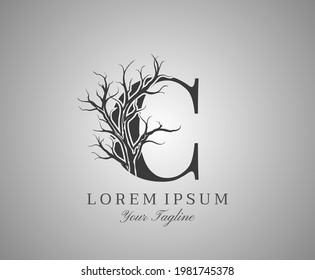 Letter C With Dead Tree Design Logo Icon. Creative Alphabetical Creepy Dry Tree Brach Nature Logo Template.