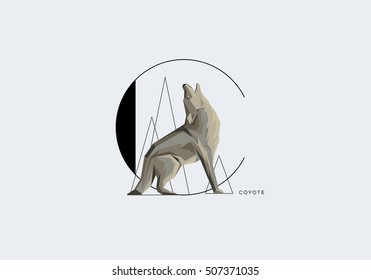 Letter C decorated with coyote howling at the moon, minimal contemporary drop cap initial letter design