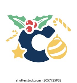 The letter c is decorated with mistletoe and Christmas elements. New Year lettering clip art.