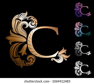 letter C, decorated with vintage, elegant flowers and leaves with streaks (symbol, sign, logo) in gold, silver and other colors