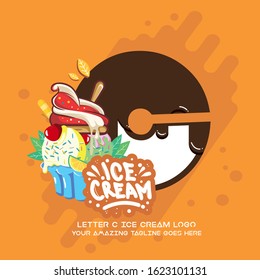 Letter C Delicious Chocolate Melting Ice Cream Cup Logo on Orange Background. Vector Flat Modern Style. Colorful Logo in Cartoon Style Illustration for Ice Cream Shop Café and Restaurant