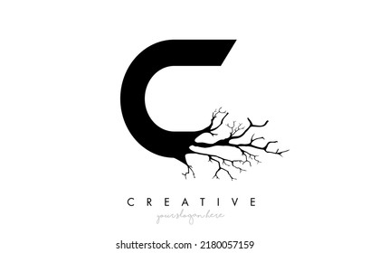 Letter C Design Logo with Creative Tree Branch. C Letter Tree Icon Logo  Vector Illustration.