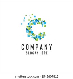 Letter C Digital Spark Logo Design Template, C Letter Pixel Multiply Colorful 