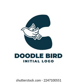 letter C doodle bird initial vector logo design illustration