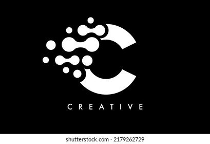 Letter C Dots Logo Design with Black and White Colors on Black Background Vector. Bubbles Letter Logo Icon Vector Illustration