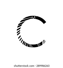 Letter C double exposure with black palm leaf  isolated. Vector illustration.Black and white double exposure silhouette letters combined with photograph of nature. 