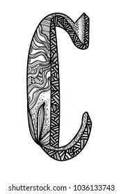 Letter C. Dudling drawing, mandala. Alphabet in the style of dudling, letters of the alphabet. Drawing from the hands, points, waves, scales.