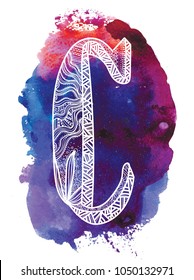 Letter C. Dudling drawing, mandala. Alphabet in the style of dudling, letters of the alphabet. Drawing from the hands, points, waves, scales.