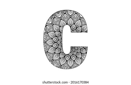 Letra C. Dibujo de dudling, mandala. Alfabeto en el estilo de las líneas, letras del alfabeto. Dibujo de manos, puntos, olas, escalas