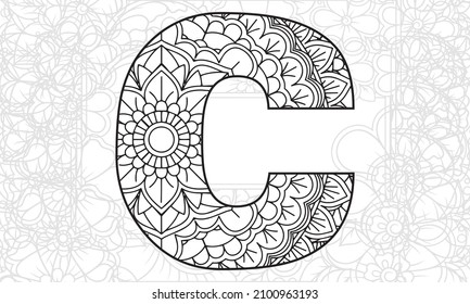 Letter c. Dudling drawing, mandala. Alphabet in the style of dudling, letters of the alphabet. Drawing from the branches of leaves, flowers