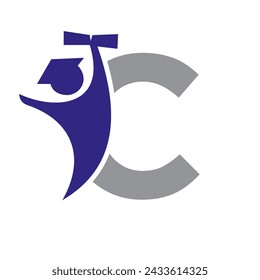 Letter C Education Logo Design. Graduation Symbol With Human Holding Graduation Paper Icon