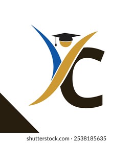 Letter C With Education Logo Design Vector Template. Graduation Hat Icon