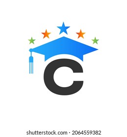 Letter C Education Logo Initial Graduation Cap Concept. Education Logo Design Template With C Letter Graduate Hat Vector Template