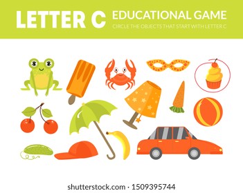 Letter C Educational Game for Kids Template, Circle the Objects That Start with Letter C Vector Illustration