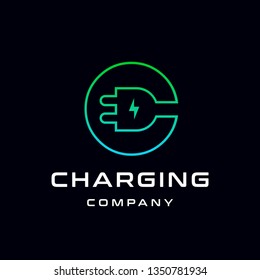 Letter C Electric Plug vector logo template. Font with green and blue gradient graphic.  Technology background. This alphabet is suitable for energy, power, cable, wire, electrical, device, connect.