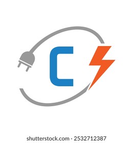 Letter C Electrical Logo Concept With Electric Plug and Power Symbol. Electric Logo Design