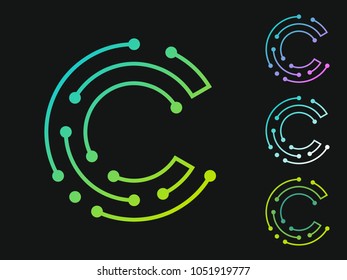 Letter C electronic digital logo icon design template isolated on black background. Vector modern logotype illustration set in tender colors for your company design