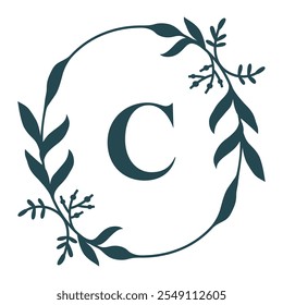 Letter C In Elegant Floral Oval Frame. Leafy Christmas Wreath. Vector  Illustration Isolated On White Background.