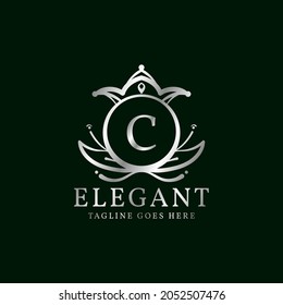 letter C elegant leaves and crown crest vector logo design