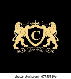 Letter C Elegant logo with two lions and shield vector design. Coat of arms