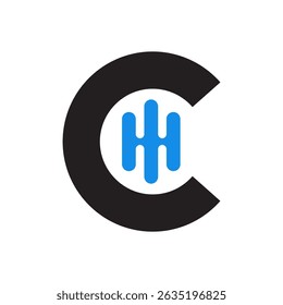 Letter "C," encasing a stylized blue graphic resembling sound waves or vertical bars connected horizontally. It suggests technology, audio, or a brand with a "C" initial.