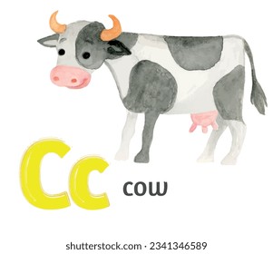 Letter C of the English alphabet with the image of a cow in watercolor on a white background.