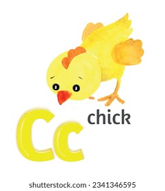 Letter C of the English alphabet with the image of a chick in watercolor on a white background.