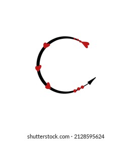Letter C of English. Latin alphabet letter decorated with hearts and arrows vector illustration. Kids flat alphabet vector set - Love spring font - letters.