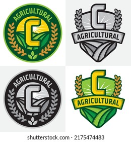 Insignias del logotipo de la granja de cartas C, diseño del logotipo del emblema de la granja de estilo vintage, insignias de iconos ecológicos, icono de la naturaleza