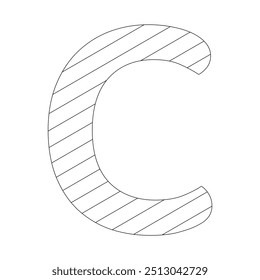 The letter C filled with diagonal stripes that run from the top left to the bottom right corner. Kindergarten letter worksheets, coloring the letter C, with various colors as you wish.