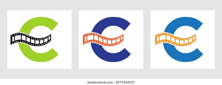 Letter C with Films Roll Symbol. Strip Film Logo For Movie Sign and Entertainment Concept