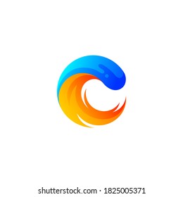 letra C con diseño de logotipo de incendio y agua
