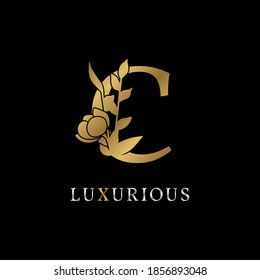 letter C flower leaves decoration for wedding, beauty care logo, personal branding identity, make up artist or any other royal brand and company. luxurious gold and silver color sample in dummy text