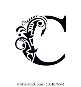 ornamento floral de la letra C. Logo del vector. Alfabeto monograma. Hermosas letras florales de mayúsculas
