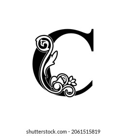 ornamento floral de la letra C. Logo del vector. Alfabeto monograma. Hermosas letras florales de mayúsculas
