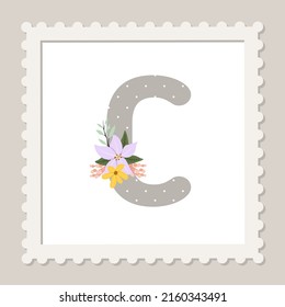 Letter C with flowers. Floral alphabet font uppercase