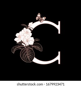 Letter C, flowers flowering sakura branches and butterfly isolated. Vector decoration. Black, white and gold. Vintage illustration. Floral pattern for greetings, wedding invitations, text design.