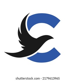 Letter C Flying Bird Logo Template Vector Sign. Dove Bird Logo on Letter C Concept