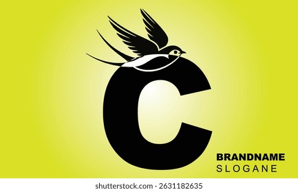 Letter C Flying Bird Logo Template Vector Sign. Dove Bird Logo on Letter B Concept