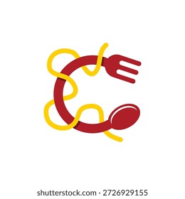 Letra C con tenedor y cuchara entrelazada con fideos. Letra C hecha de utensilios y pasta.