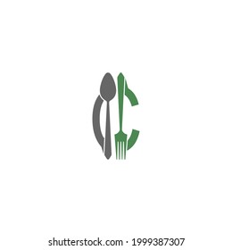 Buchstabe C mit Gabel- und Löffellogo-Symboldesign, Vektorgrafik 