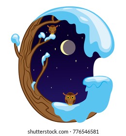 Letter C in the form of a tree with owls in winter moonlit night. Vector