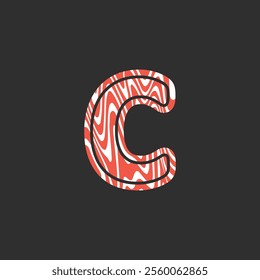 Letter C from fresh raw meat fish. Vector latin meat alphabet. Red meat salmon font for restaurants, butcher shop, farmers market, Salmon fillet marble texture, fish pattern. 