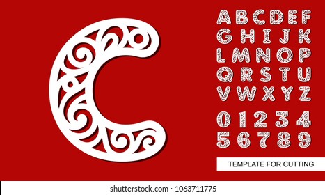 Letter C. Full English alphabet and digits 0, 1, 2, 3, 4, 5, 6, 7, 8, 9. Lace letters and numbers. Template for laser cutting, wood carving, paper cut and printing. Vector illustration.