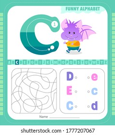 Letter C and funny cartoon bat. Alphabet a-z. Coloring page. Printable worksheet. 