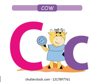 Letter C and funny cartoon cow. 
Animals alphabet a-z. Cute zoo alphabet in vector for kids learning English vocabulary. Printable sheet.