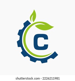Letter C Gear Leaf Logo Design Vector Template. Leaf And Gear Symbol