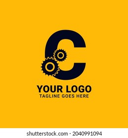 letra C con equipo para diseño de tecnología y logotipo vectorial mecánico