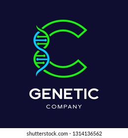 Letter C Genetic DNA vector logo template. Design with chromosome symbol. This logo is suitable for research, science, medical, logotype, technology, lab, molecule, protein, nucleus, spiral.
